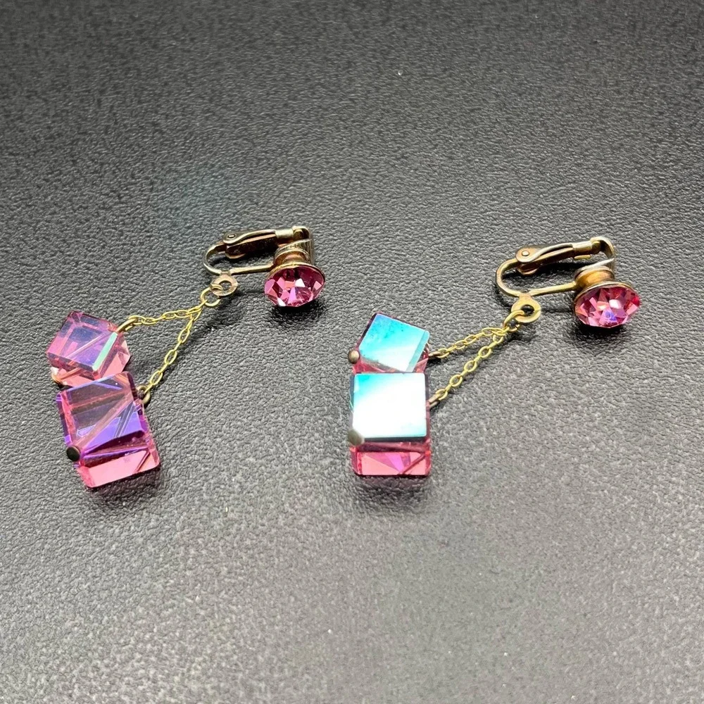 Vintage Pink AB Crystal‎ Cube Clip On Earrings Mid Century Geometric Drop 2